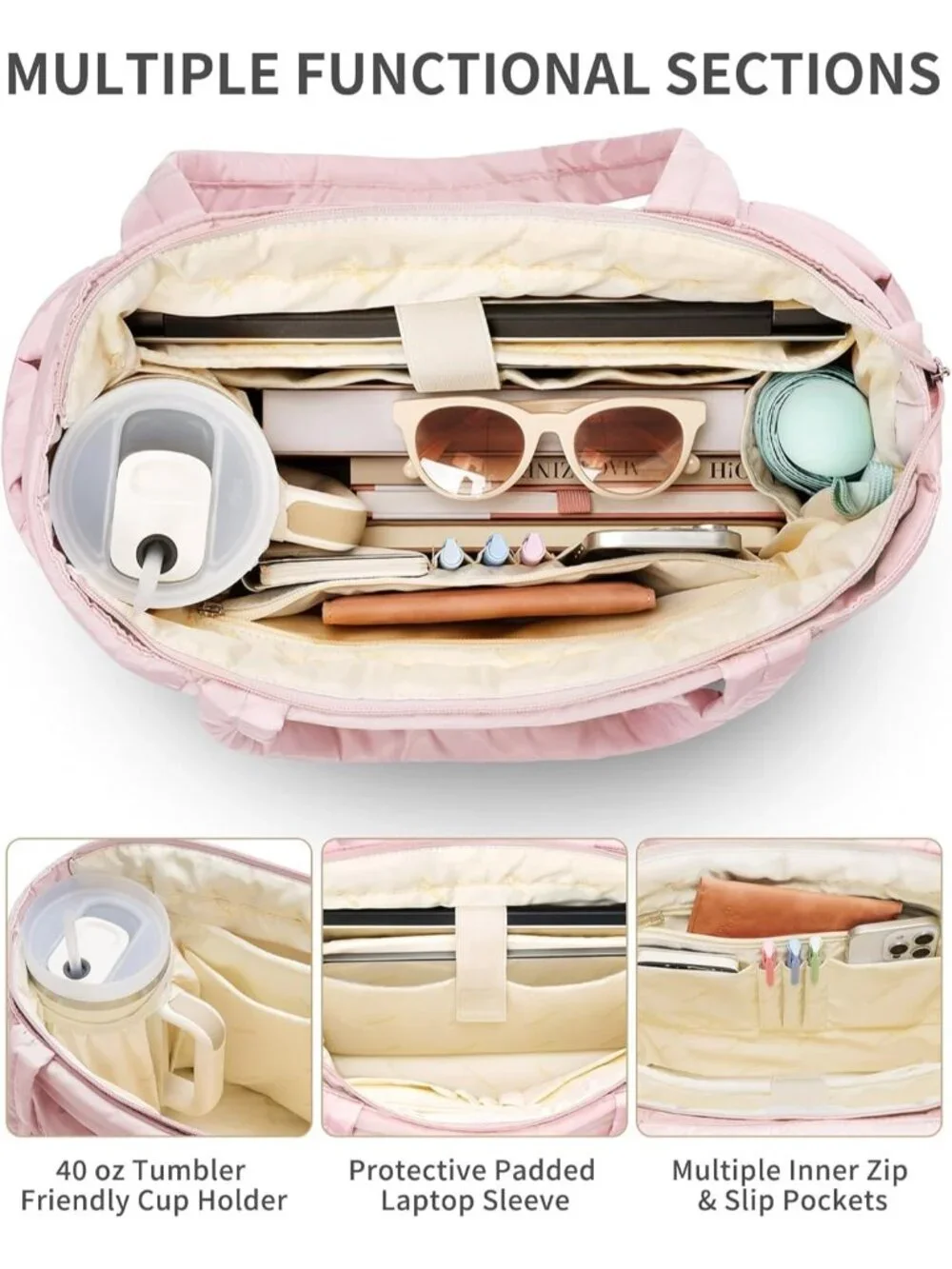 👜Women's Pink Puffer Tote Bag 16 Pockets Work Gym Travel Laptop Handbag Purse